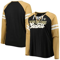 T-shirt à manches longues raglan col en V et lacets Fanatics pour femmes, noir/Vegas Gold, New Orleans Saints, grande taille, fidèle la forme