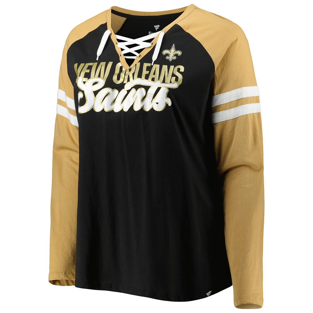 T-shirt à manches longues raglan col en V et lacets Fanatics pour femmes, noir/Vegas Gold, New Orleans Saints, grande taille, fidèle la forme