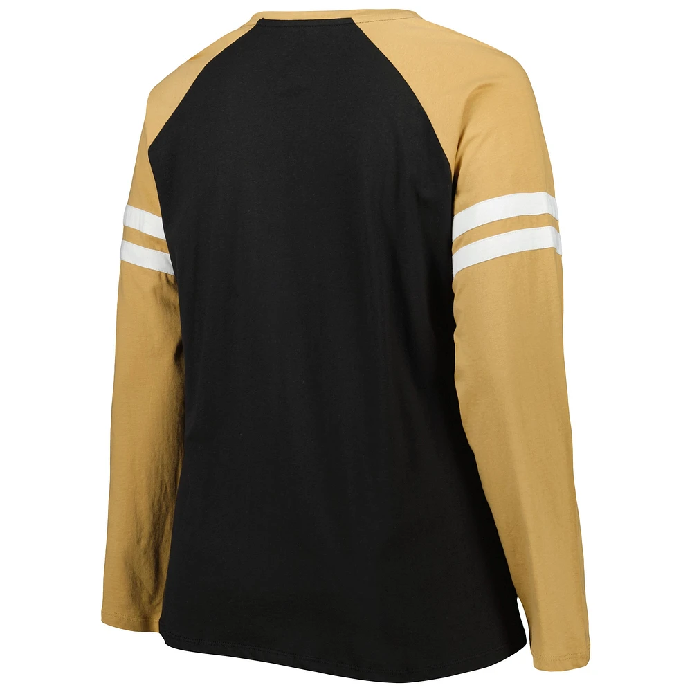 Women's Fanatics Black/Vegas Gold New Orleans Saints Plus True to Form Lace-Up V-Neck Raglan Long Sleeve T-Shirt