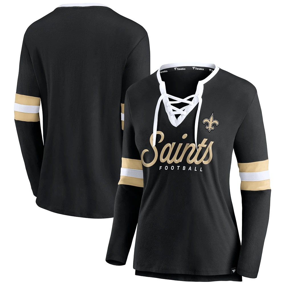 T-shirt noir à manches longues lacets Fanatics New Orleans Saints Block Party Team Script pour femmes