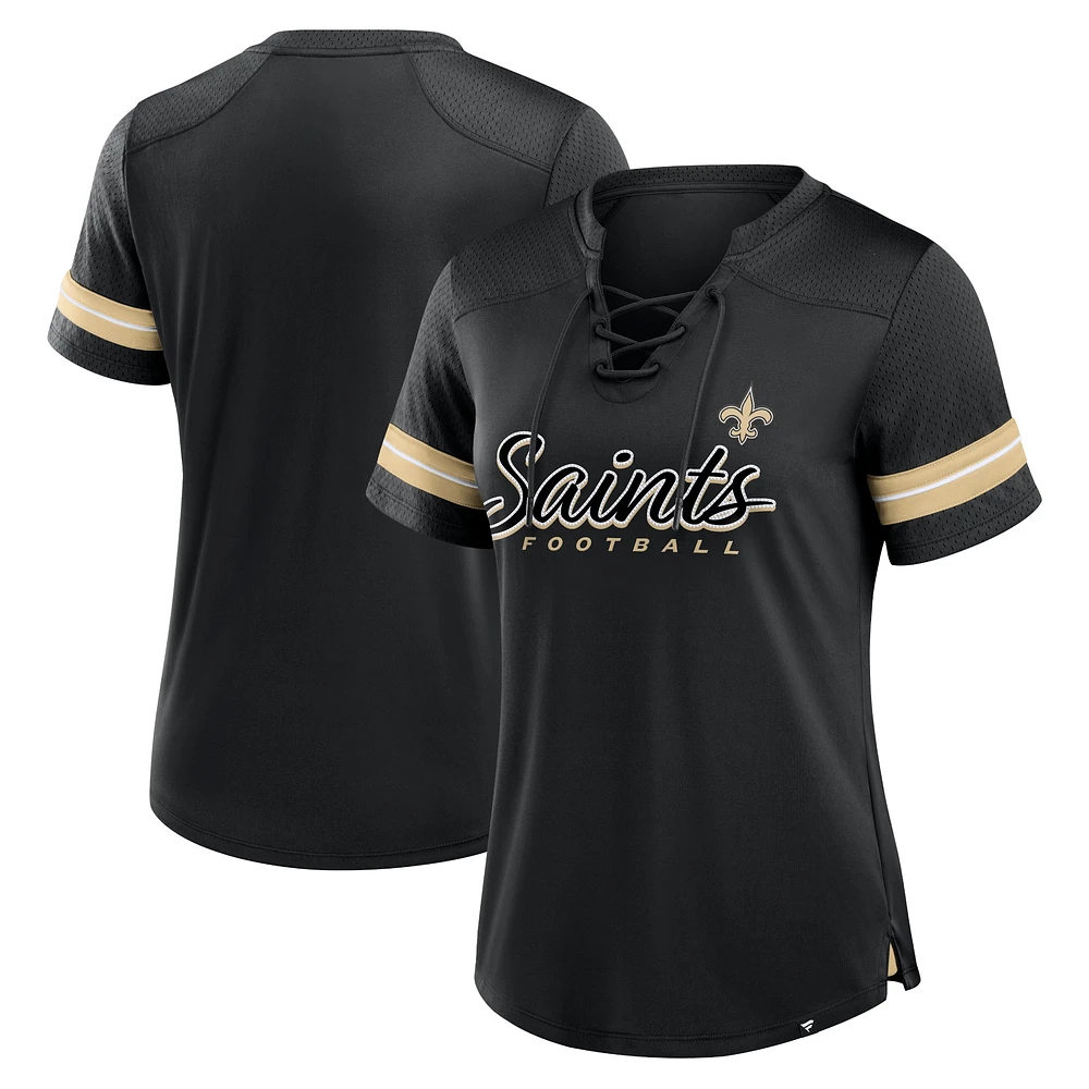 Women's Fanatics Black New Orleans Saints Play Script Lace-Up T-Shirt