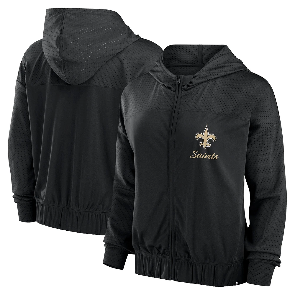 Sweat à capuche entièrement zippé noir New Orleans Saints Script Lock Fanatics pour femmes