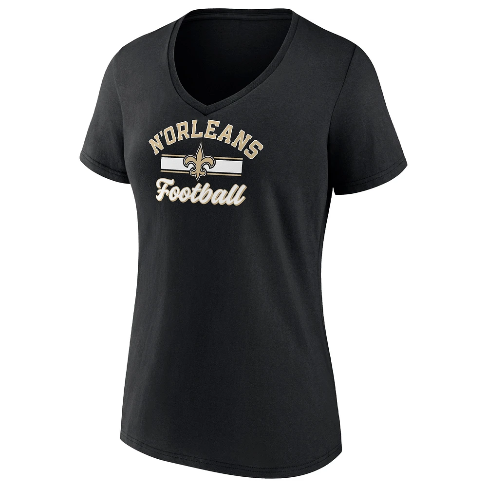 T-shirt noir à col en V avec slogan Fanatics New Orleans Saints pour femmes