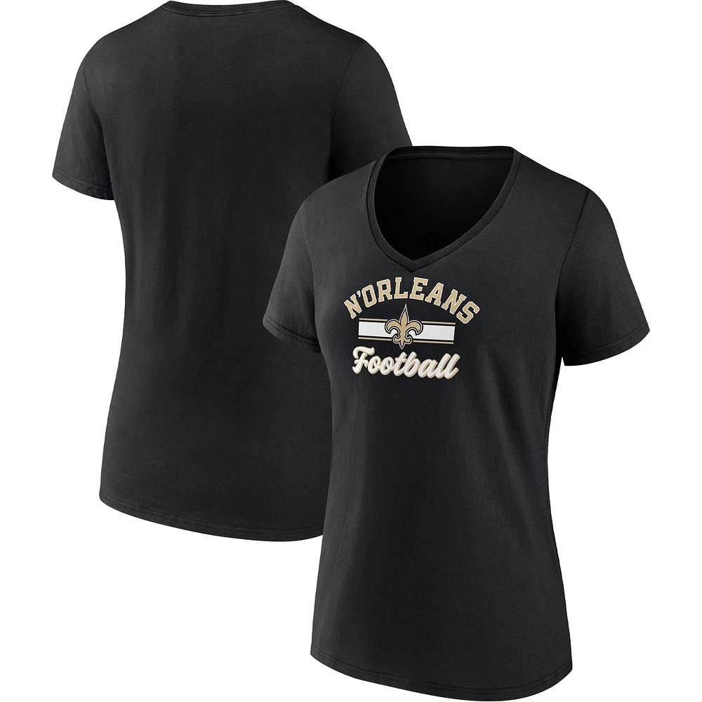 T-shirt noir à col en V avec slogan Fanatics New Orleans Saints pour femmes