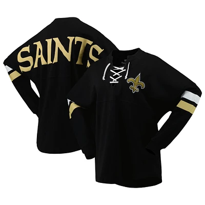 T-shirt noir à manches longues et col en V lacets jersey New Orleans Saints Spirit Fanatics pour femmes