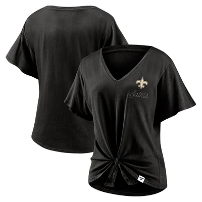 T-shirt noir à col en V noué sur le devant pour femmes Fanatics New Orleans Saints Sport Resort