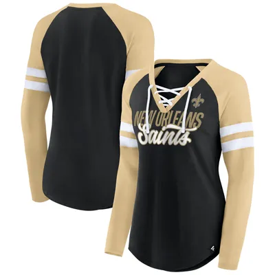New Orleans Saints Fanatics Branded Women's True to Form Raglan Lace-Up V-Neck Long Sleeve T-Shirt - Black/Gold