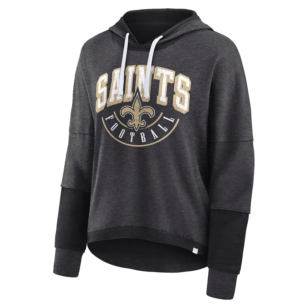 Women's Fanatics Charcoal New Orleans Saints Lightewight Modest Crop Lounge Helmet Arch Pullover Hoodie