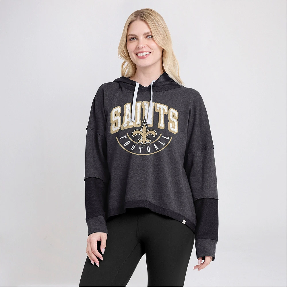 Women's Fanatics Charcoal New Orleans Saints Lightewight Modest Crop Lounge Helmet Arch Pullover Hoodie