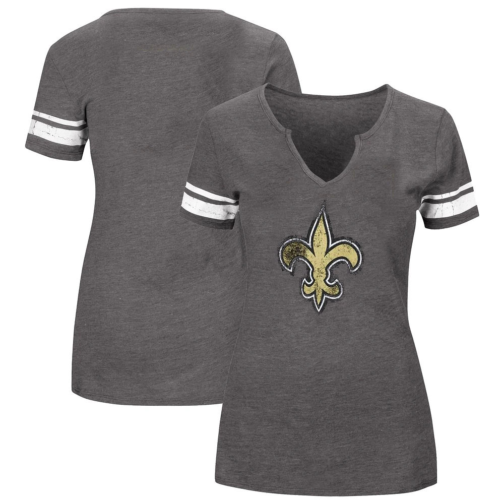 T-shirt à manches raglan et col cranté avec logo Fanatics Charcoal New Orleans Saints pour femmes, grande taille