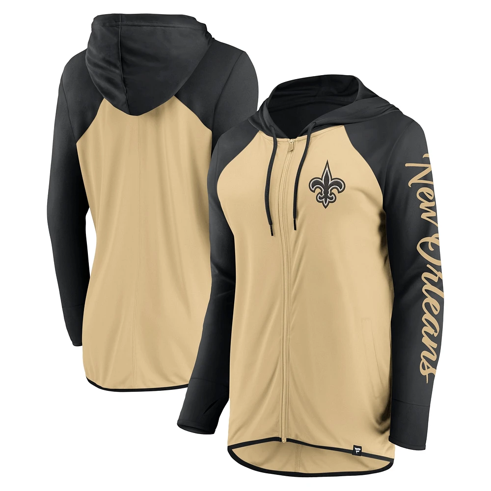 Sweat à capuche entièrement zippé avec inscription New Orleans Saints doré/noir Fanatics pour femme