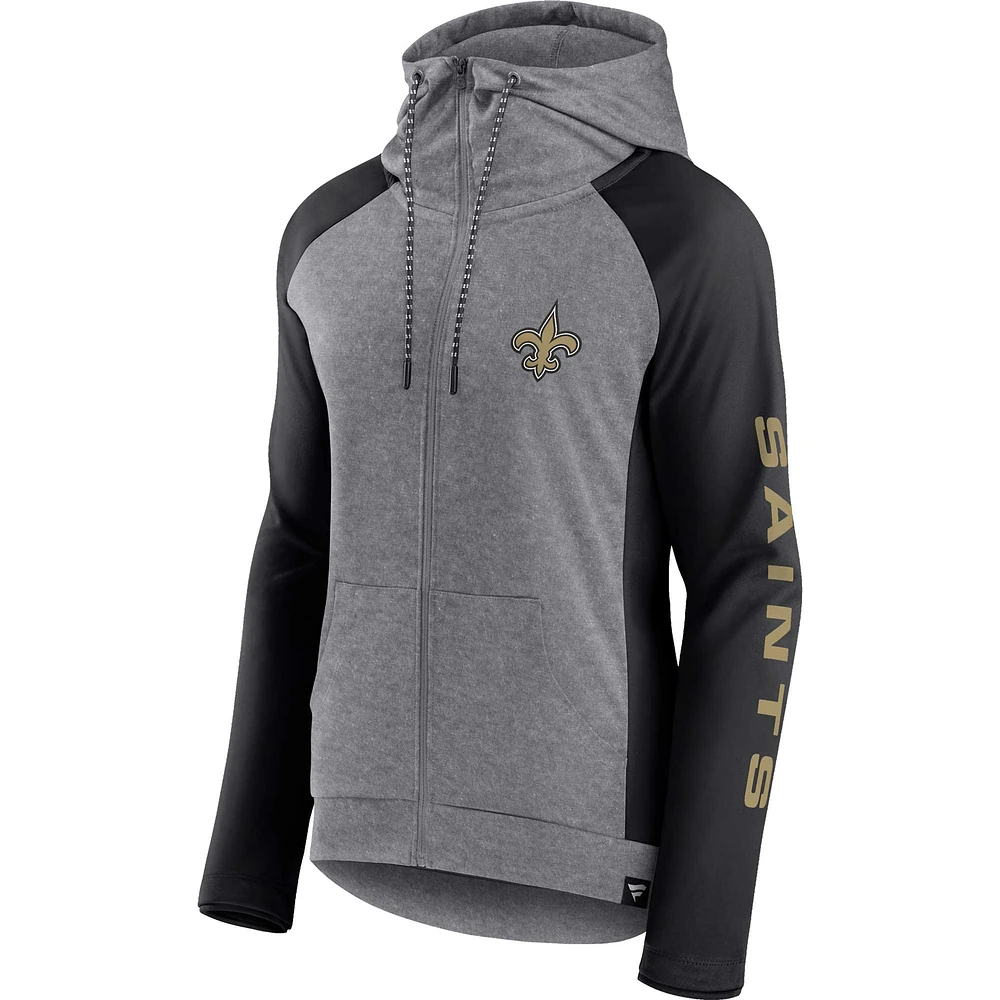 Sweat à capuche léger entièrement zippé Fanatics pour femmes gris chiné/noir universitaire New Orleans Saints Blind Side