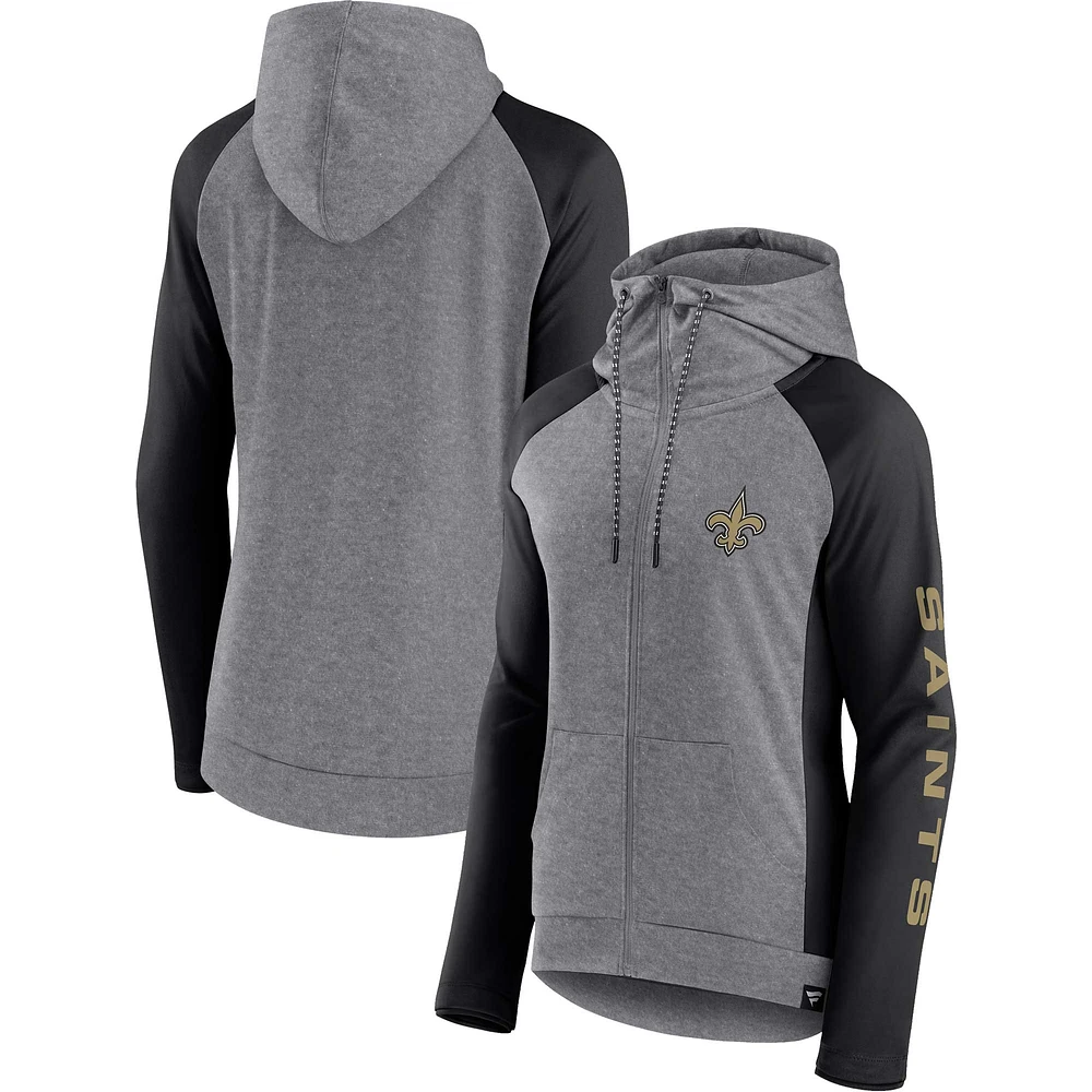 Sweat à capuche léger entièrement zippé Fanatics pour femmes gris chiné/noir universitaire New Orleans Saints Blind Side