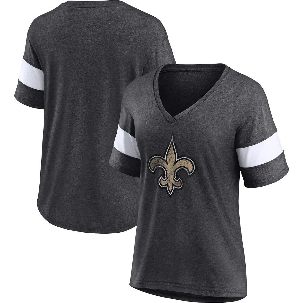 T-shirt à col en V tri-mélange détresse de l'équipe New Orleans Saints Fanatics Heathered Charcoal/White pour femmes