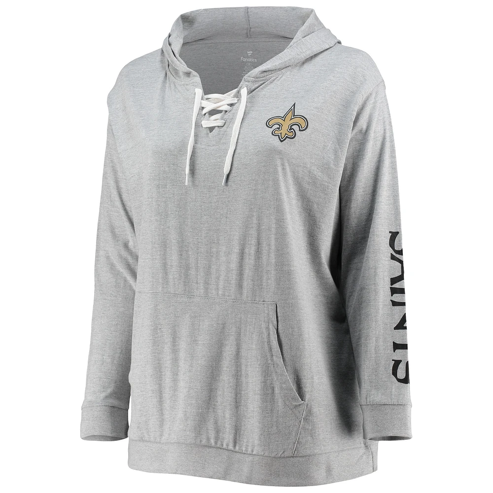 Women's Fanatics Heathered Gray New Orleans Saints Plus Lace-Up Pullover Hoodie