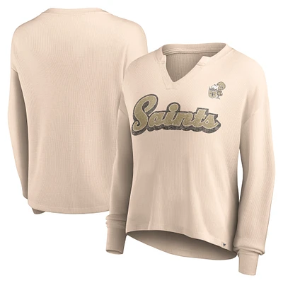 Women's Fanatics Tan New Orleans Saints Go For It Notch Neck Waffle Knit Lightweight Long Sleeve T-Shirt