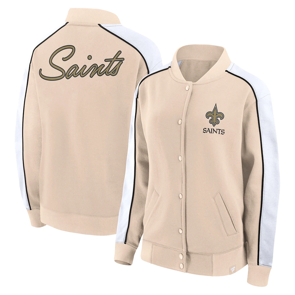 Women's Fanatics Tan New Orleans Saints Lounge Full-Snap Varsity Jacket