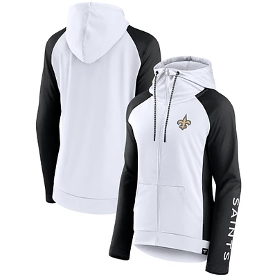 Veste à capuche légère raglan entièrement zippée pour femmes Fanatics blanc/noir New Orleans Saints End Around