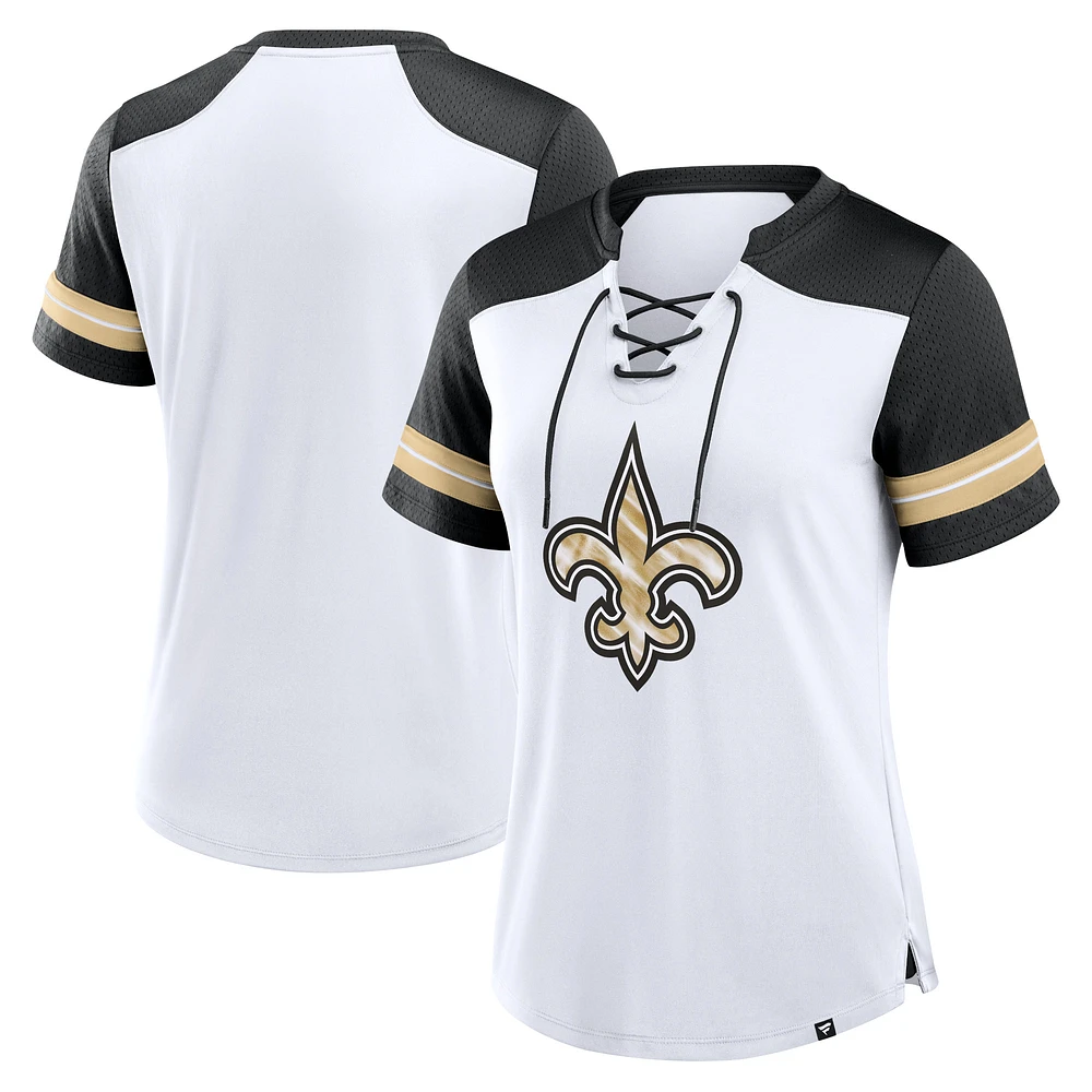 T-shirt à lacets primaire déjoué New Orleans Saints Fanatics blanc/noir pour femmes