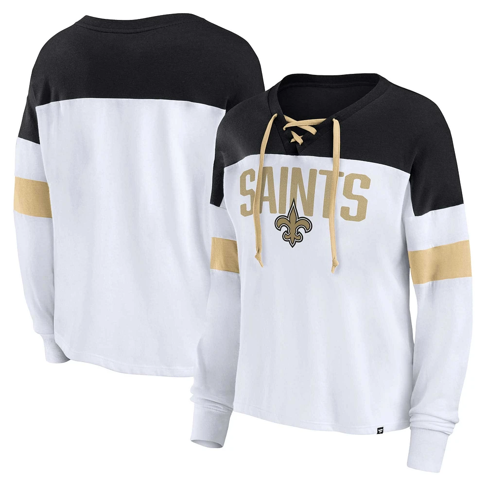 Women's Fanatics White/Black New Orleans Saints Plus Even Match Lace-Up Long Sleeve V-Neck Top