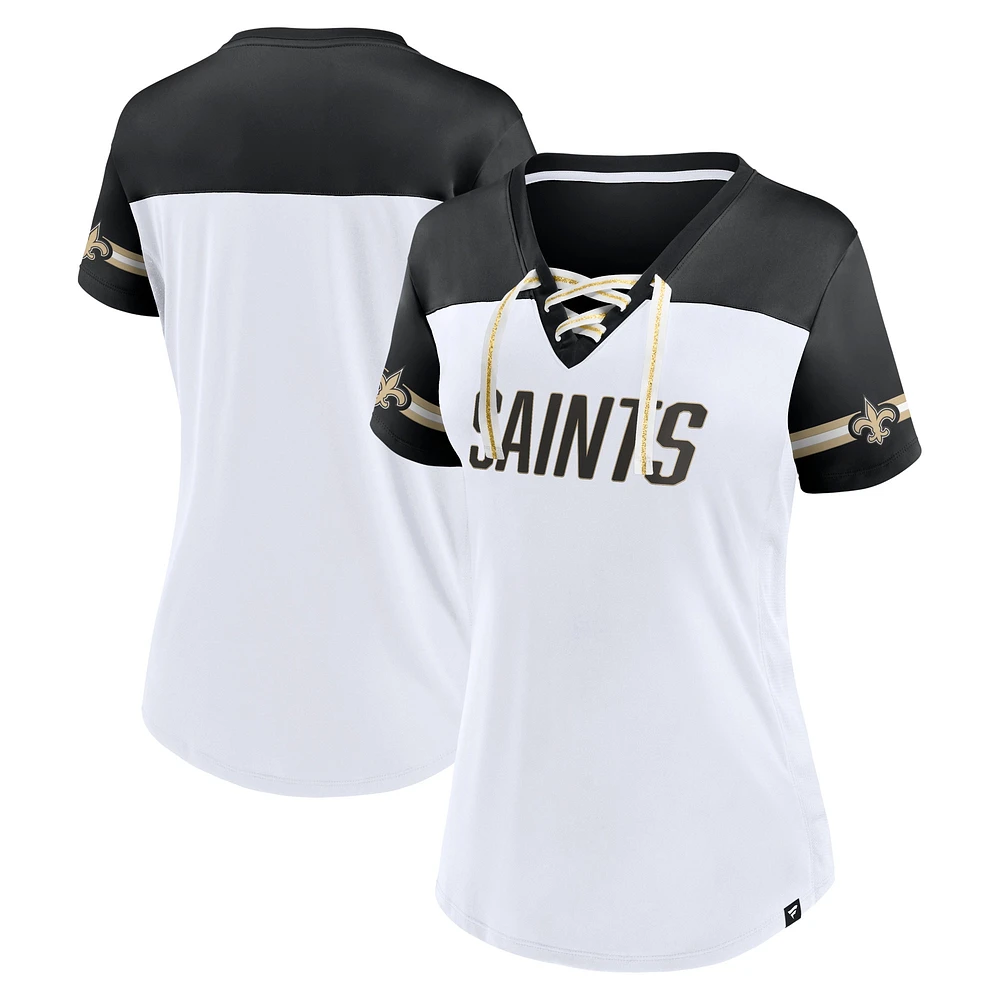 T-shirt à lacets col en V incliné Fanatics blanc New Orleans Saints Dueling pour femmes