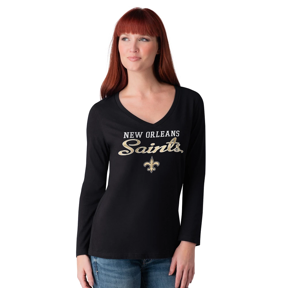 Women's G-III 4Her by Carl Banks Black New Orleans Saints Post Season Long Sleeve V-Neck T-Shirt