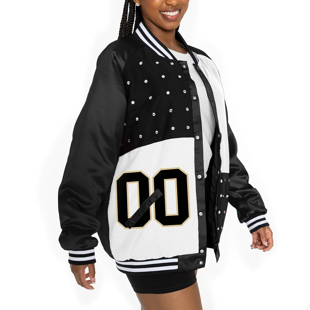 Veste bomber oversize noire/blanche Gameday Couture New Orleans Saints pour femme avec strass et boutons-pression