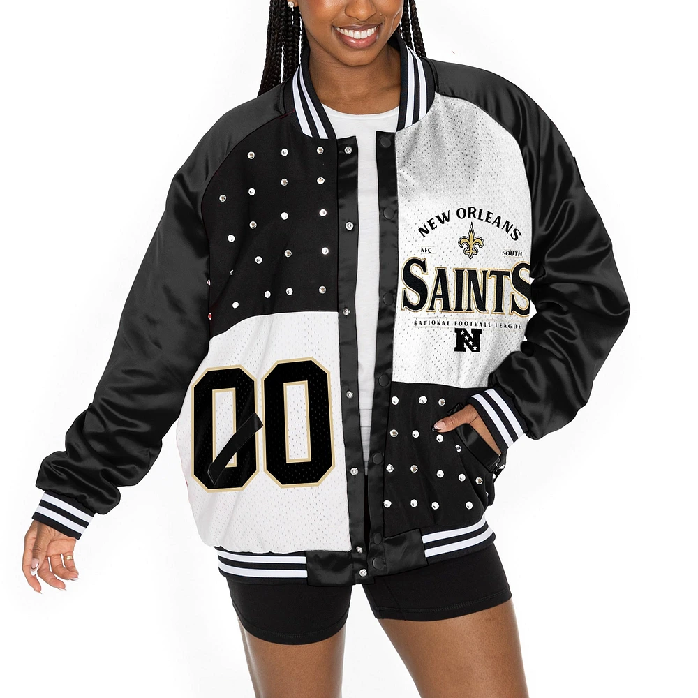 Veste bomber oversize noire/blanche Gameday Couture New Orleans Saints pour femme avec strass et boutons-pression