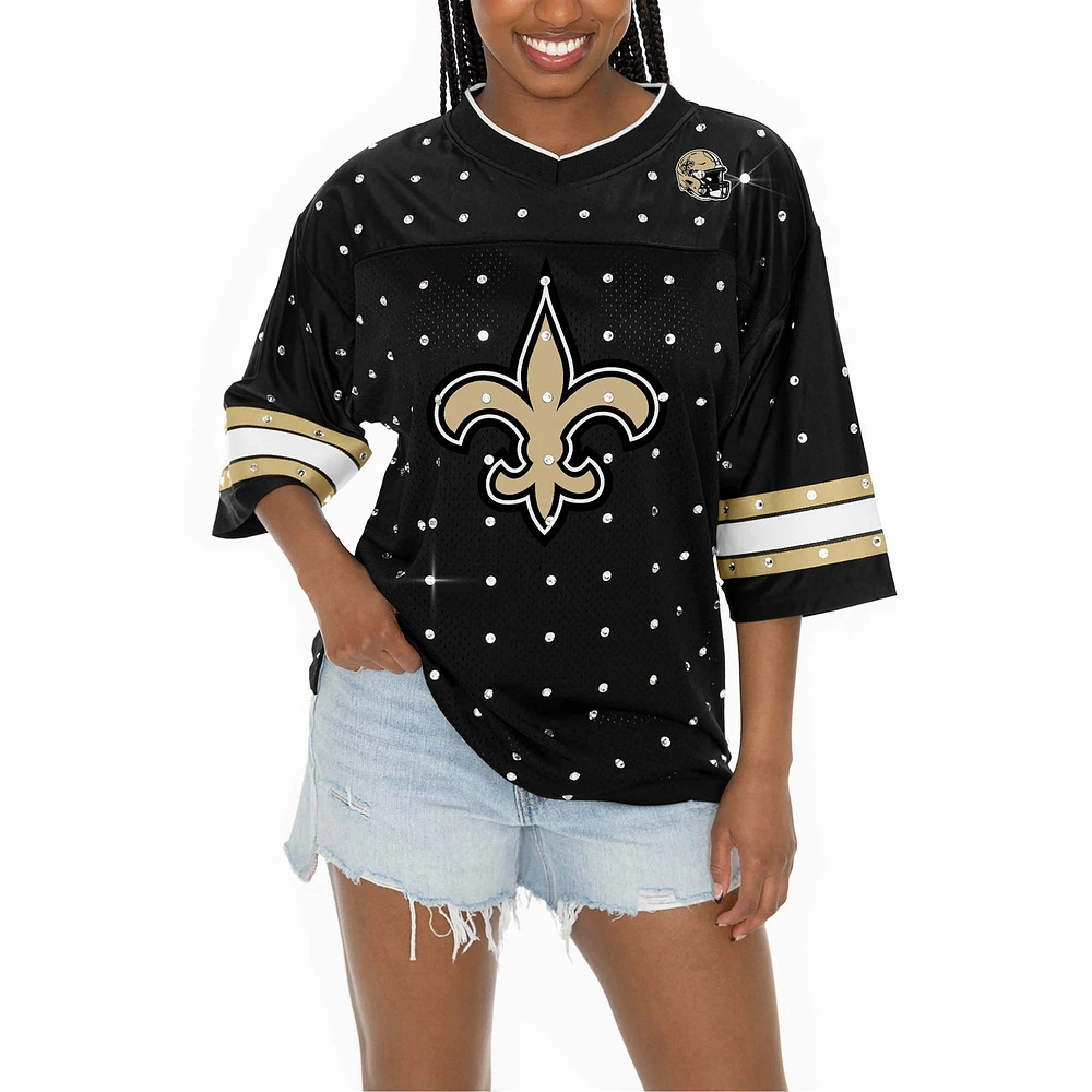 Women's Gameday Couture Black New Orleans Saints Kickoff Time Allover Rhinestone Sports Stripe Jersey V-Neck T-Shirt