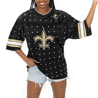 Women's Gameday Couture Black New Orleans Saints Kickoff Time Allover Rhinestone Sports Stripe Jersey V-Neck T-Shirt