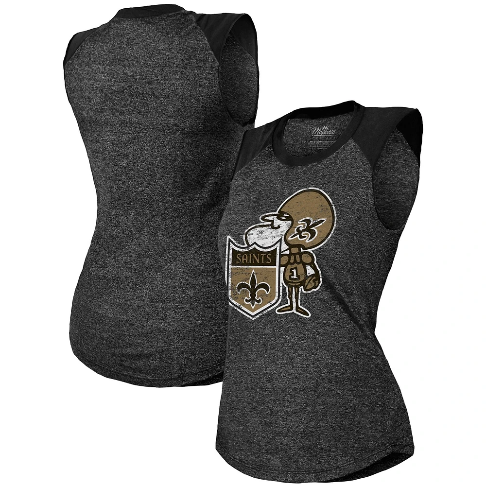 Women's Majestic Threads Black New Orleans Saints Retro Tri-Blend Raglan Muscle Tank Top