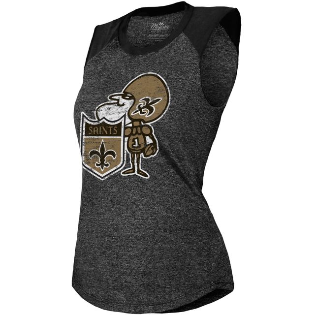 Débardeur musculaire raglan tri-mélange rétro New Orleans Saints Majestic Threads noir pour femmes