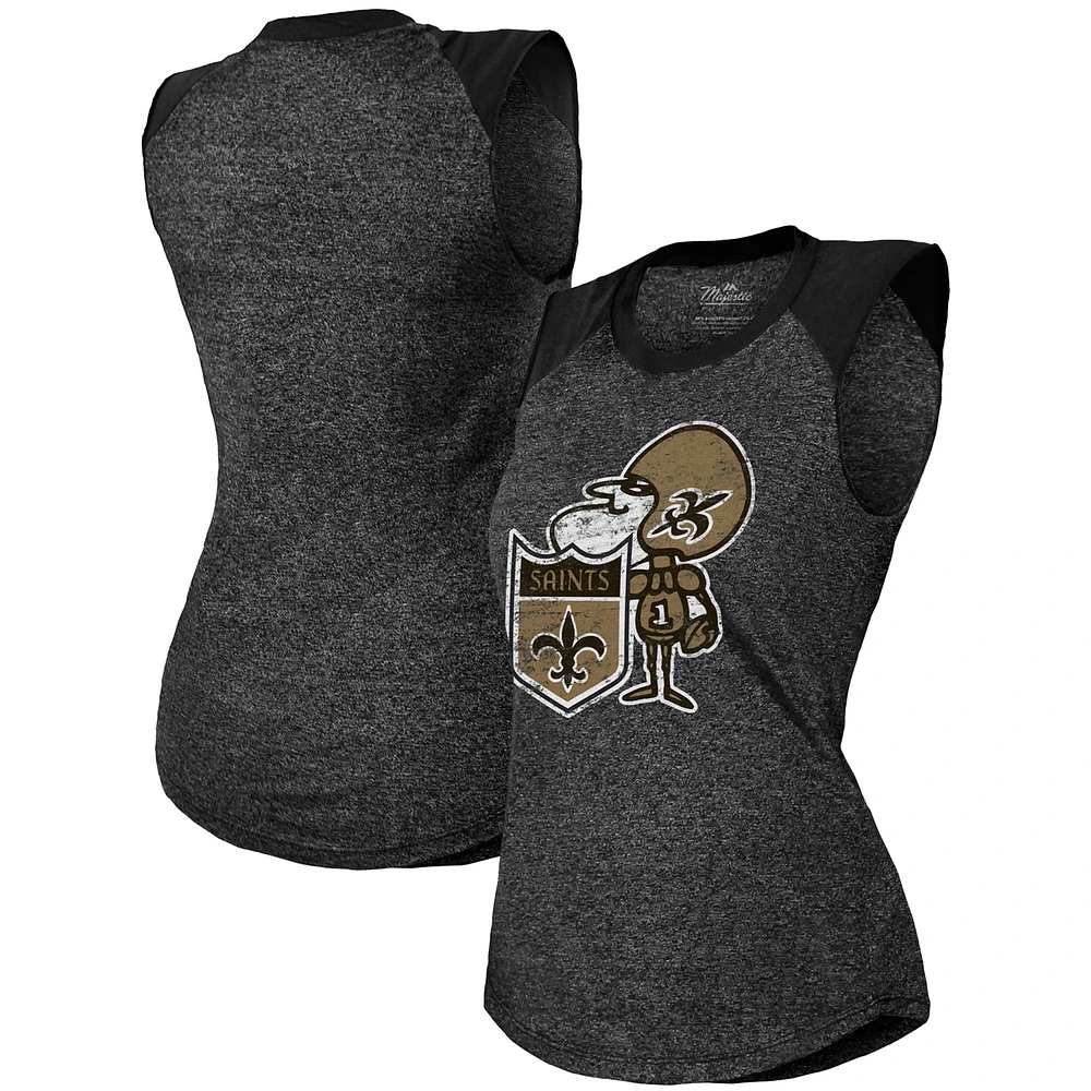 Women's Majestic Threads Black New Orleans Saints Retro Tri-Blend Raglan Muscle Tank Top