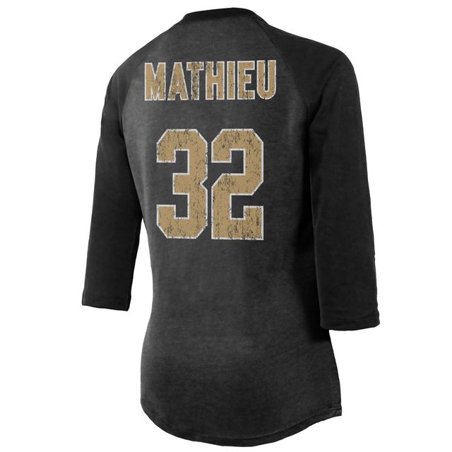 T-shirt Majestic Threads Tyrann Mathieu noir à manches 3/4 des Saints de la Nouvelle-Orléans avec nom et numéro raglan pour femmes