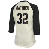 Women's Majestic Threads Tyrann Mathieu Cream New Orleans Saints Player Name & Number Tri-Blend Three-Quarter Sleeve T-Shirt