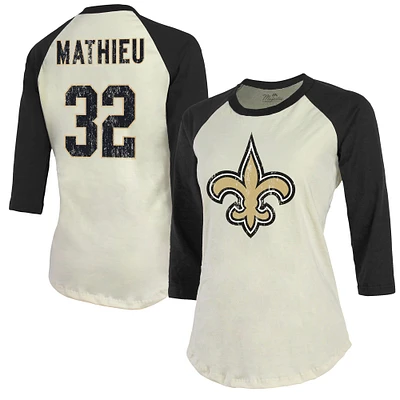 T-shirt Majestic Threads Tyrann Mathieu crème pour femmes des Saints de la Nouvelle-Orléans Nom et numéro du joueur Tri-Blend à manches trois-quarts