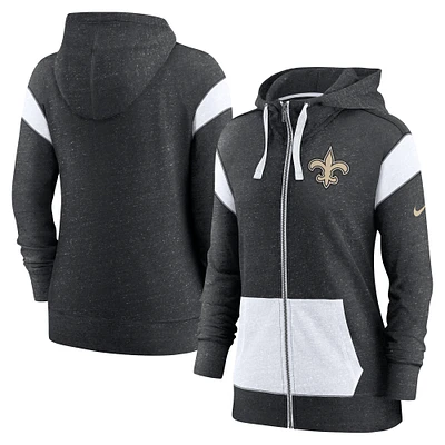 Sweat à capuche léger fermeture éclair intégrale Monaco New Orleans Saints Nike pour femme, noir chiné/blanc, grande taille