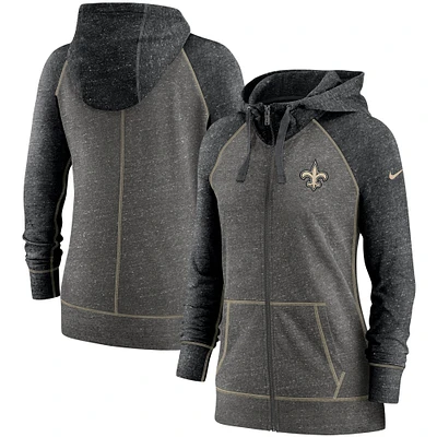 Women's Nike Heathered Charcoal/Black New Orleans Saints Gym Vintage Raglan Full-Zip Hoodie