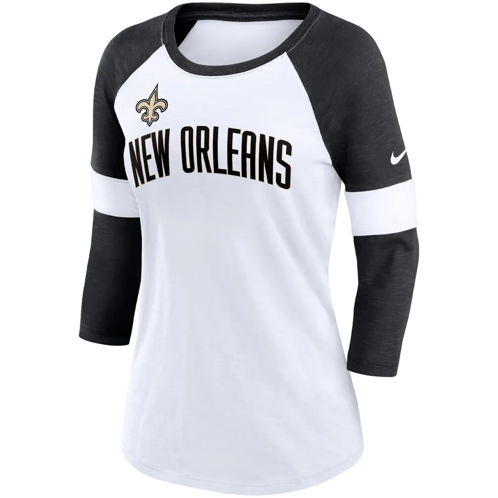 T-shirt à manches 3/4 raglan Nike New Orleans Saints Football Pride pour femme, blanc/noir chiné