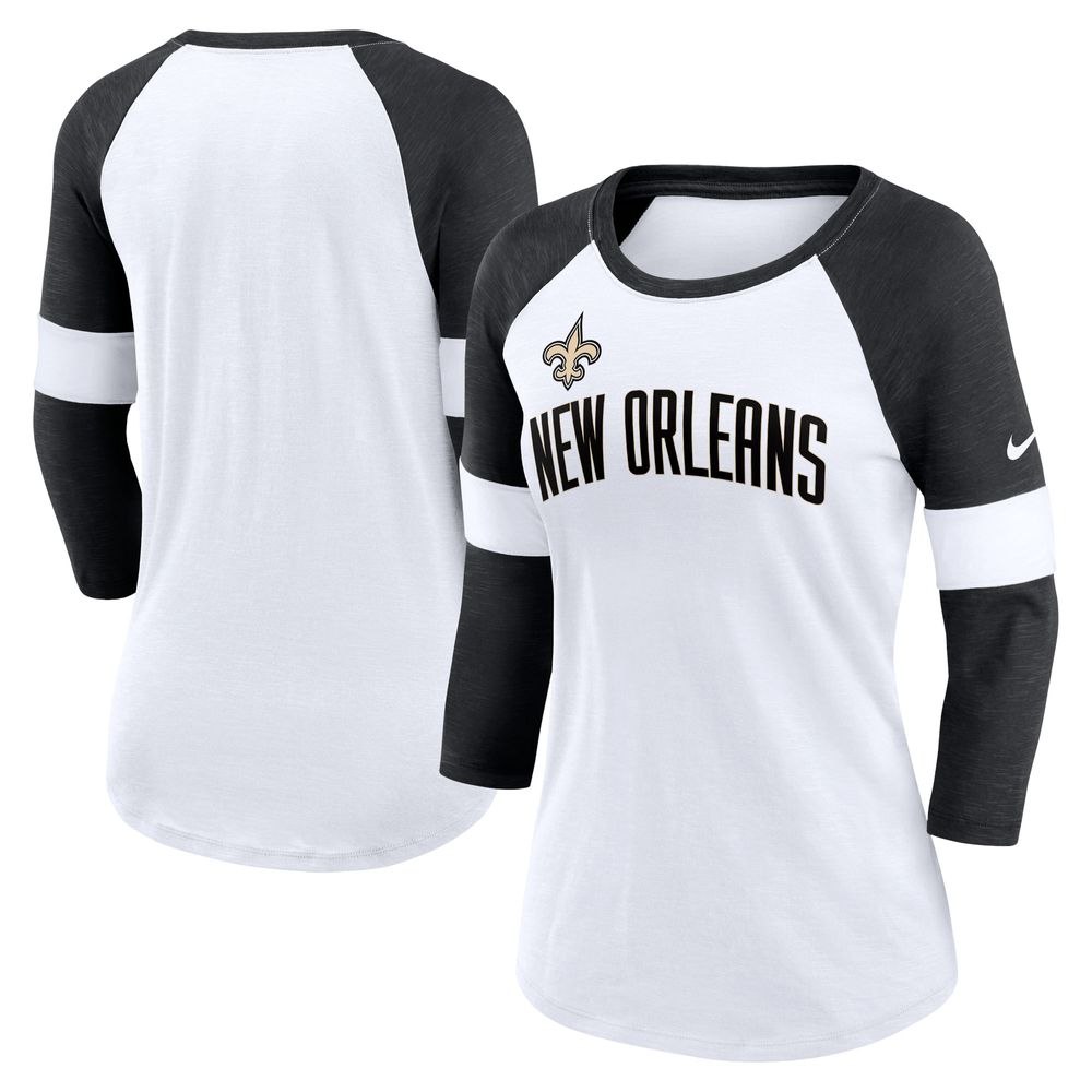 Women's Nike White/Black New Orleans Saints Football Pride Slub - 3/4 Raglan Sleeve T-Shirt