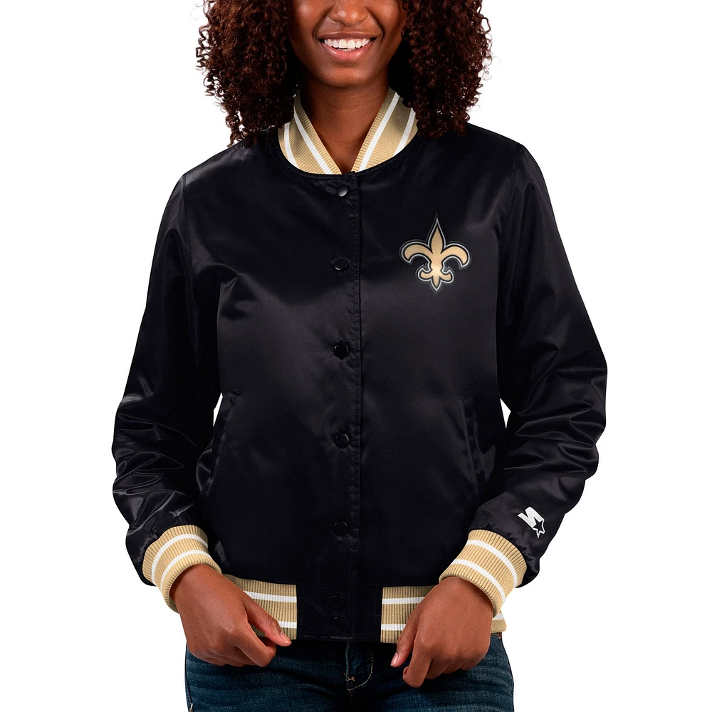 Veste universitaire à bouton-pression en satin pour femmes Starter noir/or New Orleans Saints Full Count