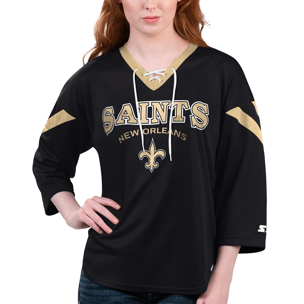 T-shirt noir à manches 3/4 Starter New Orleans Saints Rally pour femme