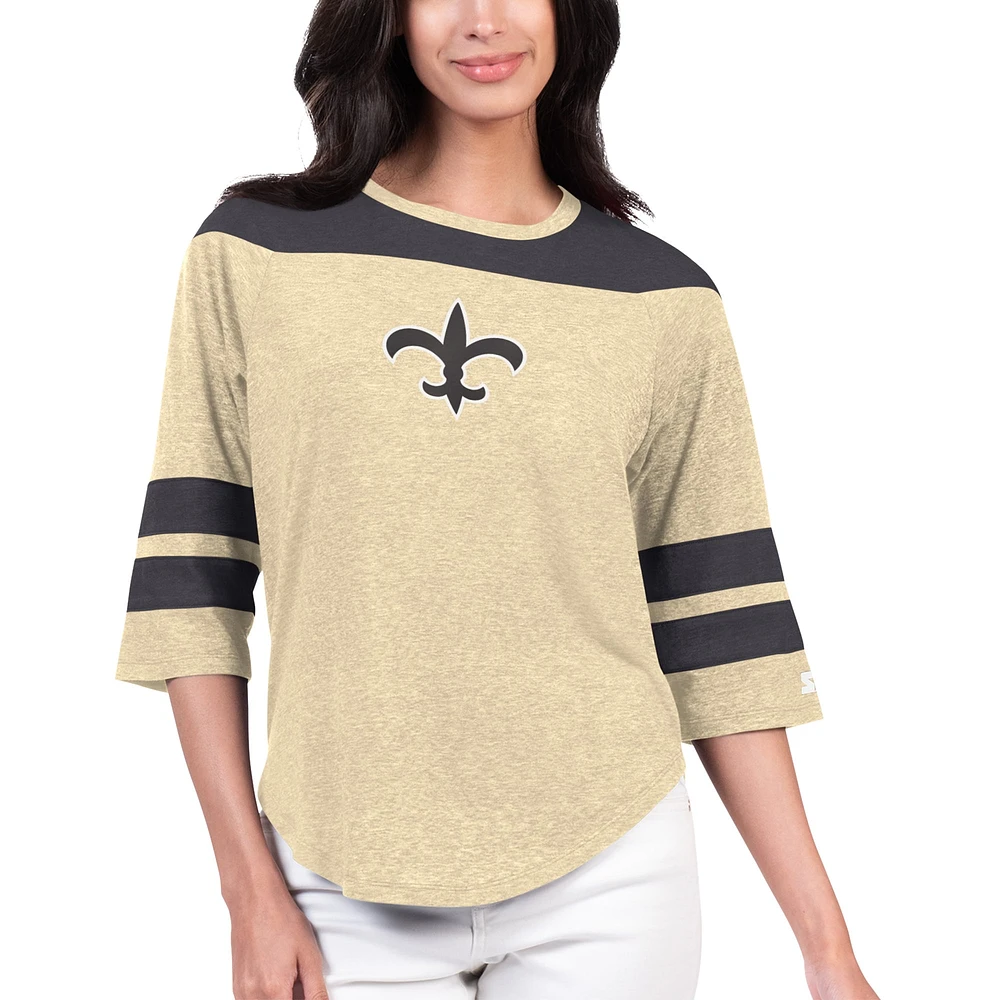 T-shirt à manches 3/4 Starter noir New Orleans Saints Fullback Tri-Blend pour femmes