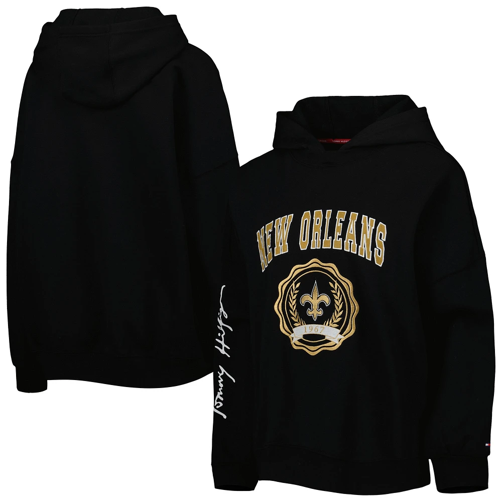 Women's Tommy Hilfiger Black New Orleans Saints Becca Drop Shoulder Pullover Hoodie