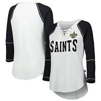 Women's Touch White/Black New Orleans Saints Rebel Raglan Tri-Blend 3/4-Sleeve Lace-Up V-Neck T-Shirt