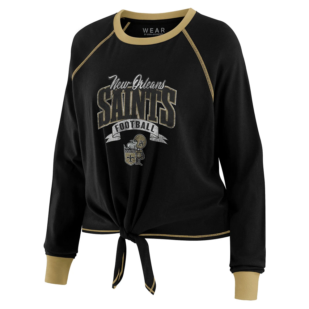 Haut à manches longues nouer sur le devant noir/doré New Orleans Saints pour femme WEAR by Erin Andrews