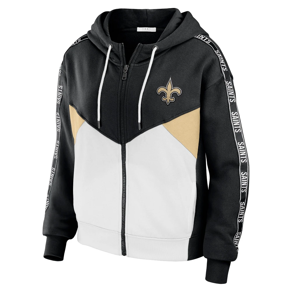 Sweat à capuche court léger et zippé noir/blanc blocs de couleurs New Orleans Saints pour femme par Erin Andrews