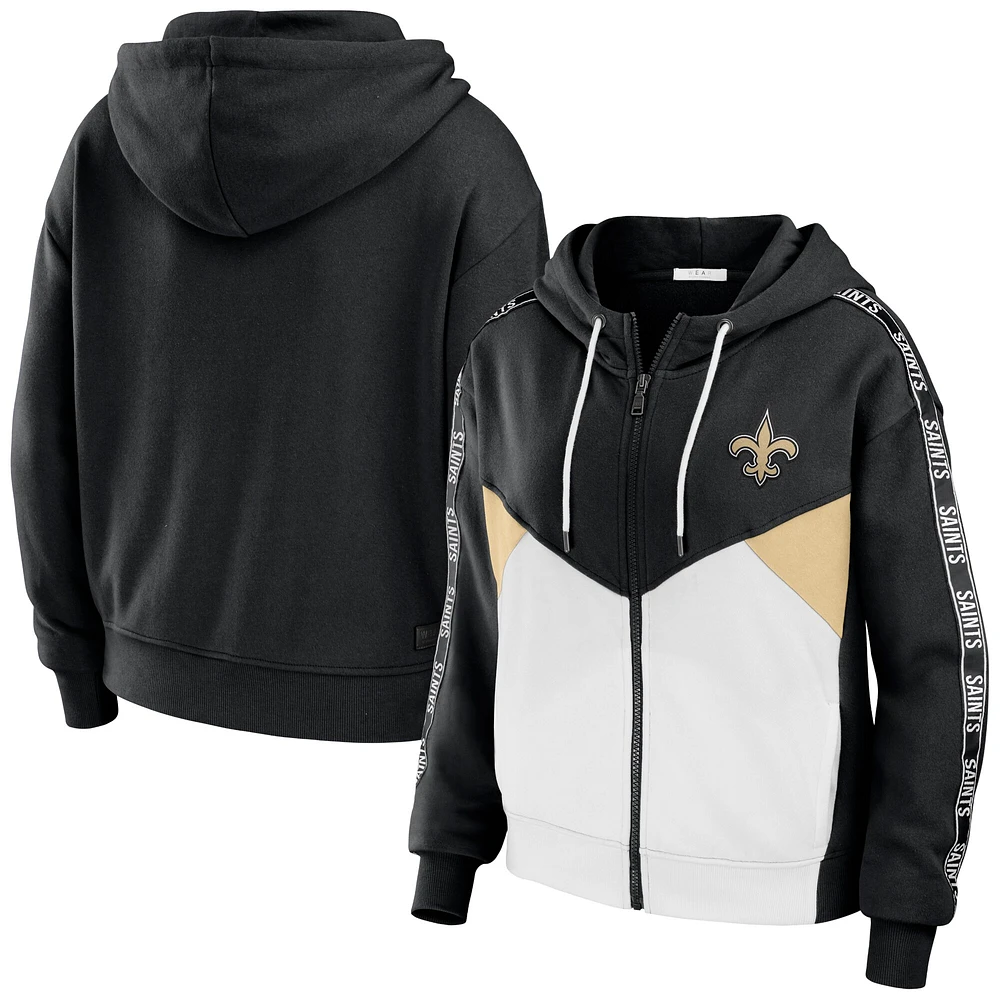 Sweat à capuche court léger et zippé noir/blanc blocs de couleurs New Orleans Saints pour femme par Erin Andrews