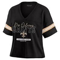 T-shirt court à col en V et blocs de couleurs pour femme WEAR by Erin Andrews, noir, style boxy, des New Orleans Saints
