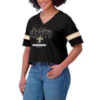 T-shirt court à col en V et blocs de couleurs pour femme WEAR by Erin Andrews, noir, style boxy, des New Orleans Saints